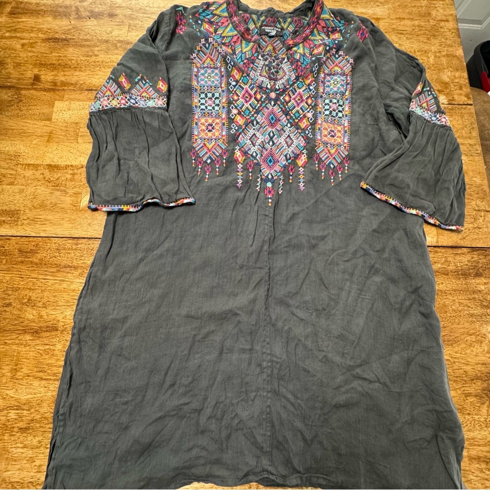 Johnny Was Shankara Dress Ramie Embroidered Tunic Gray Flared Sleeve Size XL